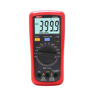 Uni T UT136C plus digital multimeter front view showing display screen and dial interface for electrical measurements